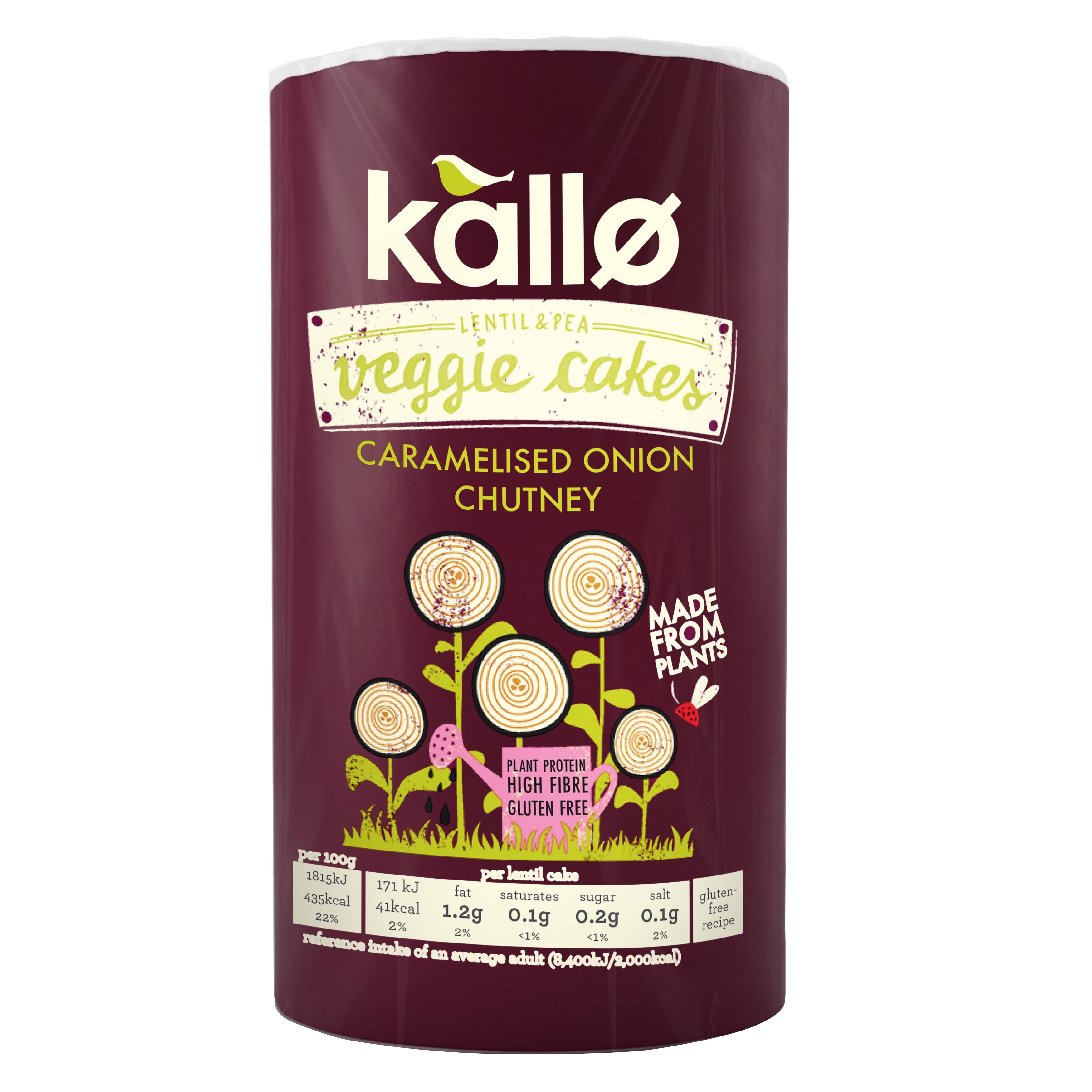 Kallo veggie cakes caramelised onion chutney packaging on a white background